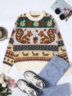 Style:Casual \nType:Pullovers \nHem Shaped:Regular \nNeckline:Round Neck \nSleeve Type:Regular Sleeve \nDetails:Rib-Knit \nColor:Multicolor \nPattern Type:Animal \nPattern Type:Christmas \nPattern Type:Striped \nPattern Type:Plants \nSleeve Length:Long Sleeve \nLength:Regular \nFit Type:Loose \nFabric:Medium Stretch \nMaterial:Knitwear \nComposition:100% Polyester \nCare Instructions:Hand wash or professional dry clean \nSheer:Yes \n Knitting Women Sweater, Knitted Sweater, Retro Design, Rib Knit, Knitted Sweaters, Style Casual, Knitwear, Round Neck, Sweaters For Women