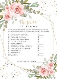 a floral baby shower checklist with pink roses and greenery