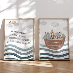 two framed posters with noah and the good shepherd on them in front of a white wall