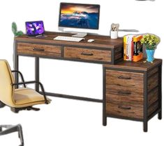 a computer desk with two chairs and a monitor on top of it, in front of a white background