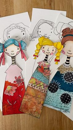 four children's paper dolls on top of each other with different designs and colors