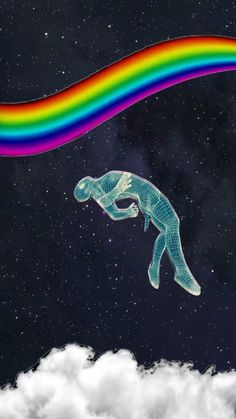 an image of a person floating in the air with a rainbow above them and clouds below