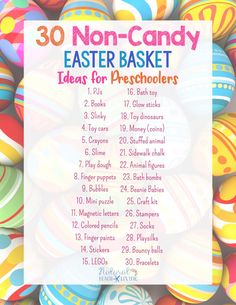 the 30 non candy easter basket ideas for preschoolers is shown in front of colorful eggs