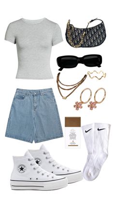 a woman's outfit with converse shoes, sunglasses and accessories