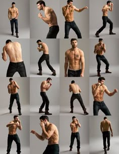 the man is posing in all different poses for his photo shoot with no shirt on