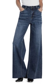 Raw hems refresh the retro style of elongating wide-leg jeans crafted from faded low-stretch denim. 32" inseam; 23" leg opening; 10 1/4" front rise Zip fly with button closure Five-pocket style 67% cotton, 27% REPREVE® recycled polyester, 5% rayon, 1% spandex REPREVE recycled polyester is made from 100% post-consumer recycled plastic bottles Machine wash, tumble dry Imported Flare Jeans Style, High Waist Wide Leg Jeans, Wide Jeans, Country Outfits, High Waisted Denim, Primavera Estate, Denim Fashion, Wide Leg Jeans, Autumn Winter Fashion