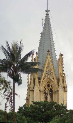 an ornate building with palm trees in the foreground