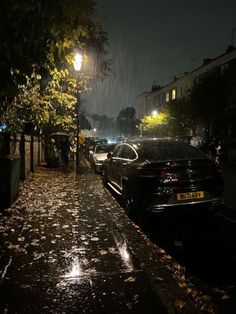 cars parked on the street in the rain at night