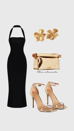 a black dress with gold accessories and high heels