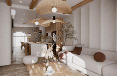 a living room filled with white furniture and lots of wood beams on the ceiling above