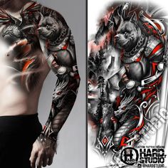 #sleeve #nature #amimaltattoo #animals #tattoodesign #dragon #dog #cat #warrior #nordic #vikings #mountains #phoenix #axe #nordicink #hardstudio Tattoo Designs Samurai, Blitz Tattoo, Samurai Tattoo Sleeve, Oni Tattoo, Skull Sleeve Tattoos, Geisha Tattoo, Full Sleeve Tattoo Design, Demon Tattoo