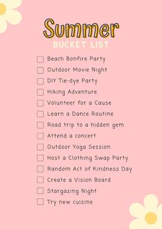 a pink summer bucket list with daisies on it