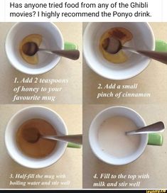 four pictures showing how to make an espresso in a mug with cinnamon and sugar