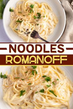 noodle soup in a white bowl with parsley on top and the words noodles roma off to the side