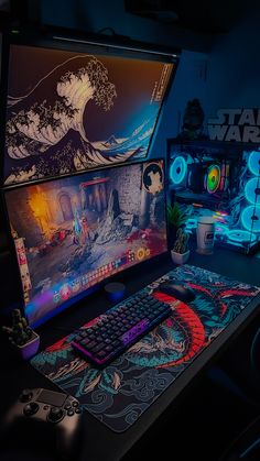 a desk with two computer monitors, keyboard and mouse on it in front of the screen