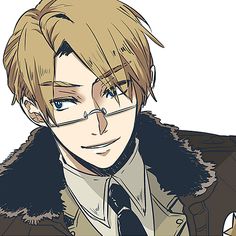 an anime character with blonde hair wearing glasses and a fur collared coat, standing in front of a white background