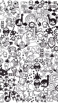 black and white pattern with lots of cartoon characters