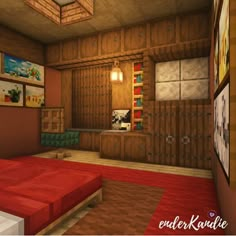 a bedroom in minecraft with wood paneling and red bed spread on the floor