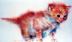 a painting of a kitten with blue eyes and red fur on it's back legs