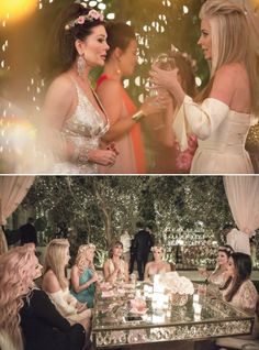 two pictures of women sitting at a table with drinks and confetti in front of them