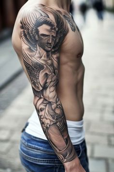 A detailed sleeve tattoo on a person's arm, featuring a winged man and other artistic elements. Masculine Sleeve Tattoo, Tattoos Men Ideas, Sleeve Tattoos Mens Arm