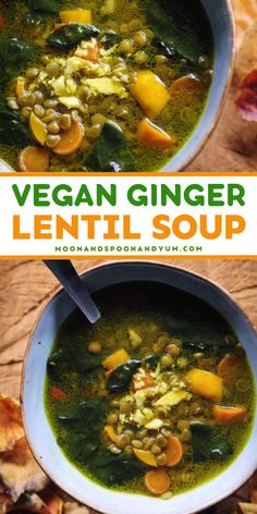 Get ready for a hearty soup with this Vegan Ginger Lentil Soup! The best comfort food recipe is packed with healthy, nutritious ingredients like brown lentils, ginger root, garlic, carrots, bell pepper, and spinach. It's gluten free, so make it today and enjoy! Garlic Carrots, Easy Comfort Food Dinners, Vegan Lentil Soup, Hearty Dinner Recipes, Soup Vegan, Brown Lentils, Instant Pot Soup Recipes