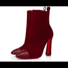 Tanin Burgundy Suede Short Heel Ankle Boots/Booties Size 37.5 Formal Winter Boots With Red Sole, Party Suede Boots With Red Sole, Elegant Winter Boots With Red Sole, Luxury Red Boots For Fall, Luxury Red Boots For Party, Designer Red Party Boots, Elegant Burgundy Boots With Red Sole, Elegant Burgundy Heels For Winter, Designer Red Formal Boots