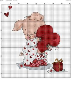 a cross stitch pattern with a pig hugging a heart