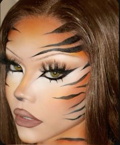 Cute Tiger Costume, Tiger Outfit Halloween, Big Cat Halloween Costume, Animal Print Halloween Makeup, Women Tiger Costume, Tiger Stripe Makeup, Lepord Makeup Women, Animal Make Up Ideas, Halloween Costume Animals