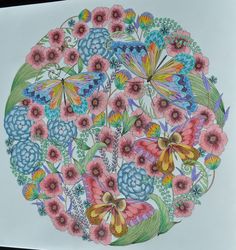 a drawing of colorful flowers and butterflies in a circular arrangement on white paper with colored pencils