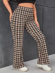 Style:Casual \nColor:Multicolor \nPattern Type:Plaid \nWaist Line:Natural \nFit Type:Regular Fit \nType:Flare Leg \nTemperature:Spring/Fall (18-25℃/63-77℉) \nLength:Long \nFabric:Medium Stretch \nMaterial:Knitted Fabric \nComposition:95% Polyester \nComposition:5% Elastane \nCare Instructions:Machine wash or professional dry clean \nBody:Unlined \nSheer:No \n Print Flare Pants, Printed Flare Pants, Cute Pants, Flare Leg Pants, Plus Size Pants, Fitted Trousers, Plaid Print, Plus Size Casual, Maternity Bag