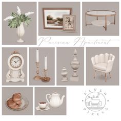 a collage of white furniture and decor items