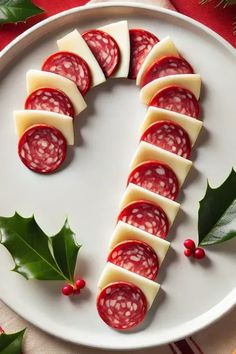 slices of cheese and salami on a white plate with holly leaves around it, ready to be eaten