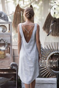 Backless Linen Tunic Dress for Women / Grey Blue Linen Dress Outfit, Boho Fringe Dress, Linen Dress Outfit, Linen Chic, Long Party Dresses, Burning Men, Blue Linen Dress, Beach Sundress, Outfits For Mexico