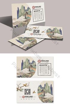 three different kinds of business cards with mountains in the background and text on each side