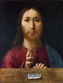 a painting of jesus holding his hands together