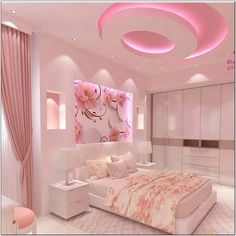 a bedroom with pink walls and ceiling lights, white furniture and flowers on the wall