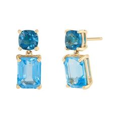 The perfect way to make a statement! Shimmering in 10K yellow gold, these earrings feature 8 by 6 mm emerald-cut Swiss blue topaz stones and 5 mm cushion-cut London blue topaz stones. The earrings are a bright addition to any ensemble. A must-have for any jewelry box, these versatile earrings are sure to dazzle anyone who sees them! Size: one size.  Gender: female.  Age Group: adult. Blue Topaz Stone, Swiss Blue Topaz, London Blue, London Blue Topaz, Bright Blue, Blue Topaz, Womens Watches, Women's Earrings, Topaz