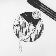 a pencil drawing of mountains and trees with the moon in the sky