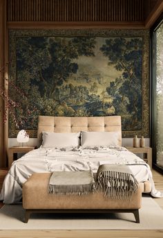 Elegant woodland tapestry depicting a serene forest scene with tall trees, lush foliage, and peaceful wildlife including a stag and foxes. The rich blue-green tones create a calming atmosphere, perfect for adding nature's tranquility to any room. #WoodlandTapestry #HomeDecor" Tapestry Office Ideas, Bedroom With Tapestry, Tapestry Behind Bed, Tapestry Bedroom Ideas, Bedroom Ideas For Couples Romantic, Victorian Tapestry, Wall Tapestry Bedroom, Studio Bedroom, Nyc Apt