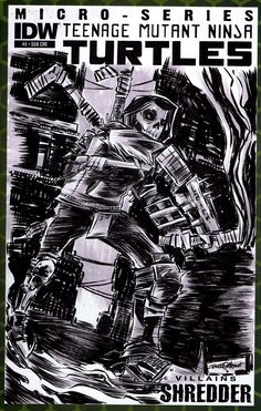 a black and white drawing of a teenage mutant ninja on a skateboard with words underneath it