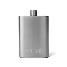 a stainless steel flask with the word yet on it