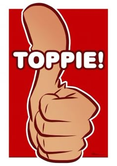 a cartoon hand with the word toppie on it's thumb pointing to the right