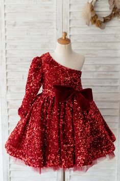 One Shoulder Burgundy Sequin Long Sleeves Wedding Flower Girl Dress - Princessly One Shoulder Ball Gown, Flower Girl Dress With Bow, Flower Girl Dresses Vintage, Toddler Flower Girl Dresses, Blush Pink Dresses, Kids Party Dresses, Girls Pageant Dresses, Wedding Flower Girl Dresses