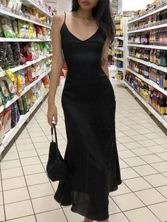 Formal Outfits Aesthetic Dress, 90s Long Black Dress, Aesthetic Black Dress Formal, Black Silk Formal Dress, Black Maxi Dress Aesthetic, Silk Black Prom Dress, Black Formal Dress Aesthetic, Black Dress Aesthetic Long, Long Black Dress Outfit Formal