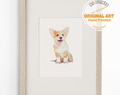 a painting of a small dog is shown in a white frame with the words original art hand painted on it