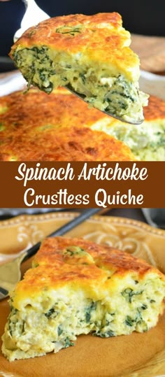 spinach artichoke crustless quiche on a plate