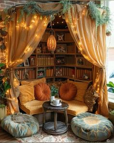 a living room filled with furniture and lots of lights on the wall above it's bookshelf