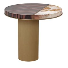 a round table with a wooden top and two different colored sections on the base,