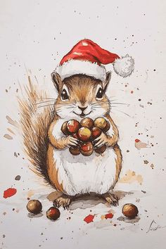 a painting of a squirrel holding nuts in its paws and wearing a santa hat on his head